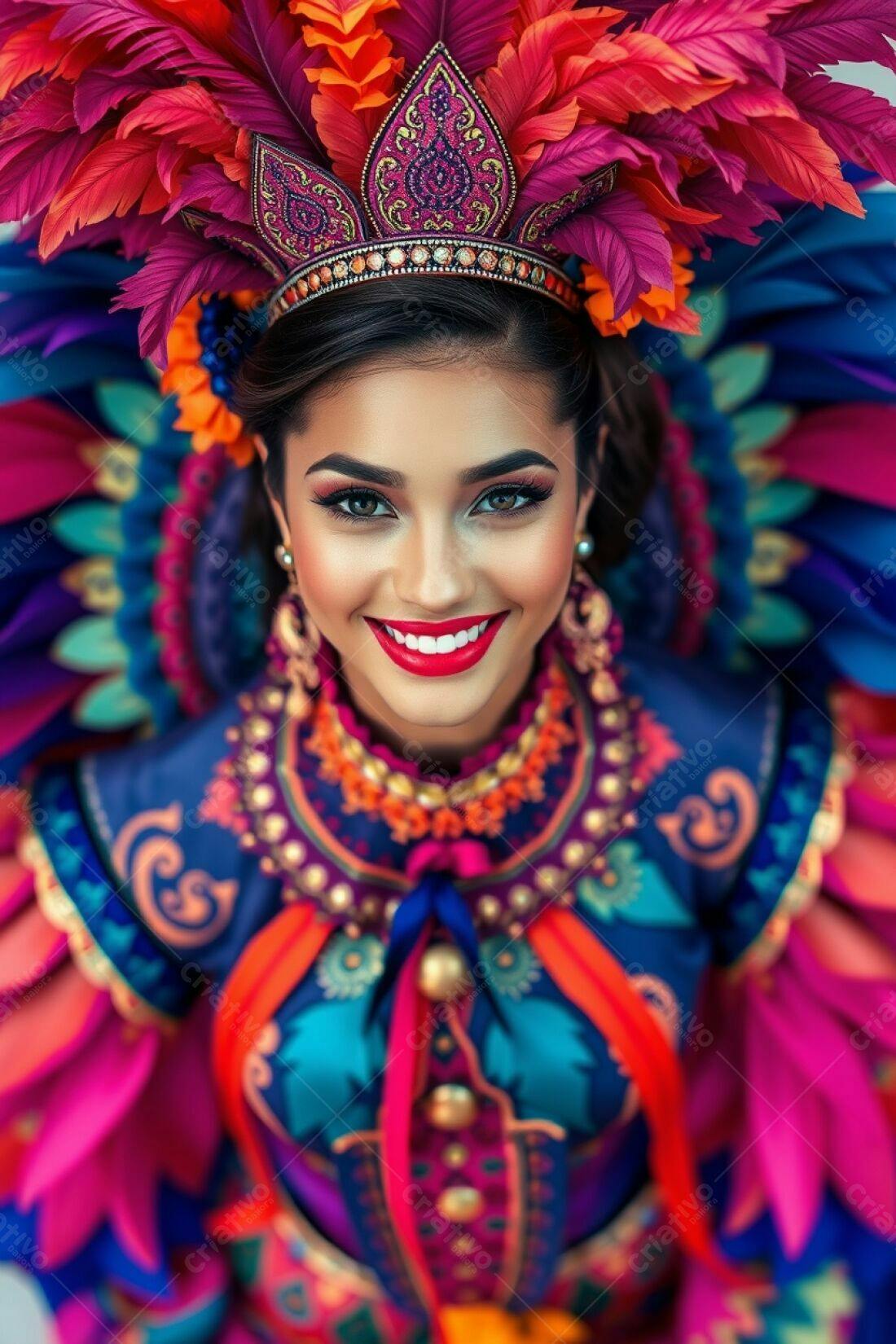 Mulher sorridente com fantasia vibrante