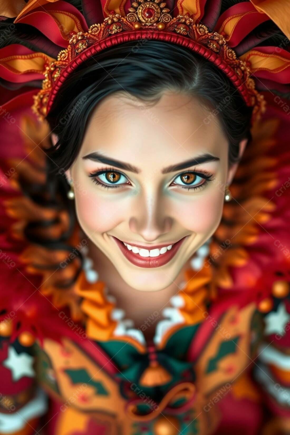 Mulher sorridente com coroa de penas vermelhas e laranjas