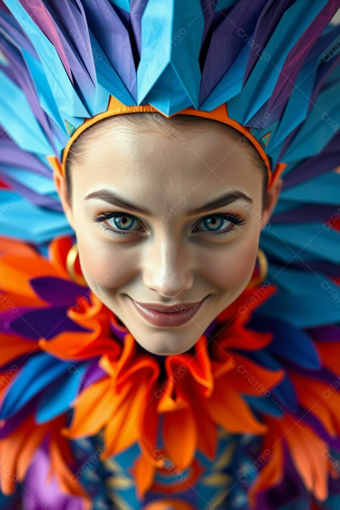 Modelo com fantasia colorida sorrindo
