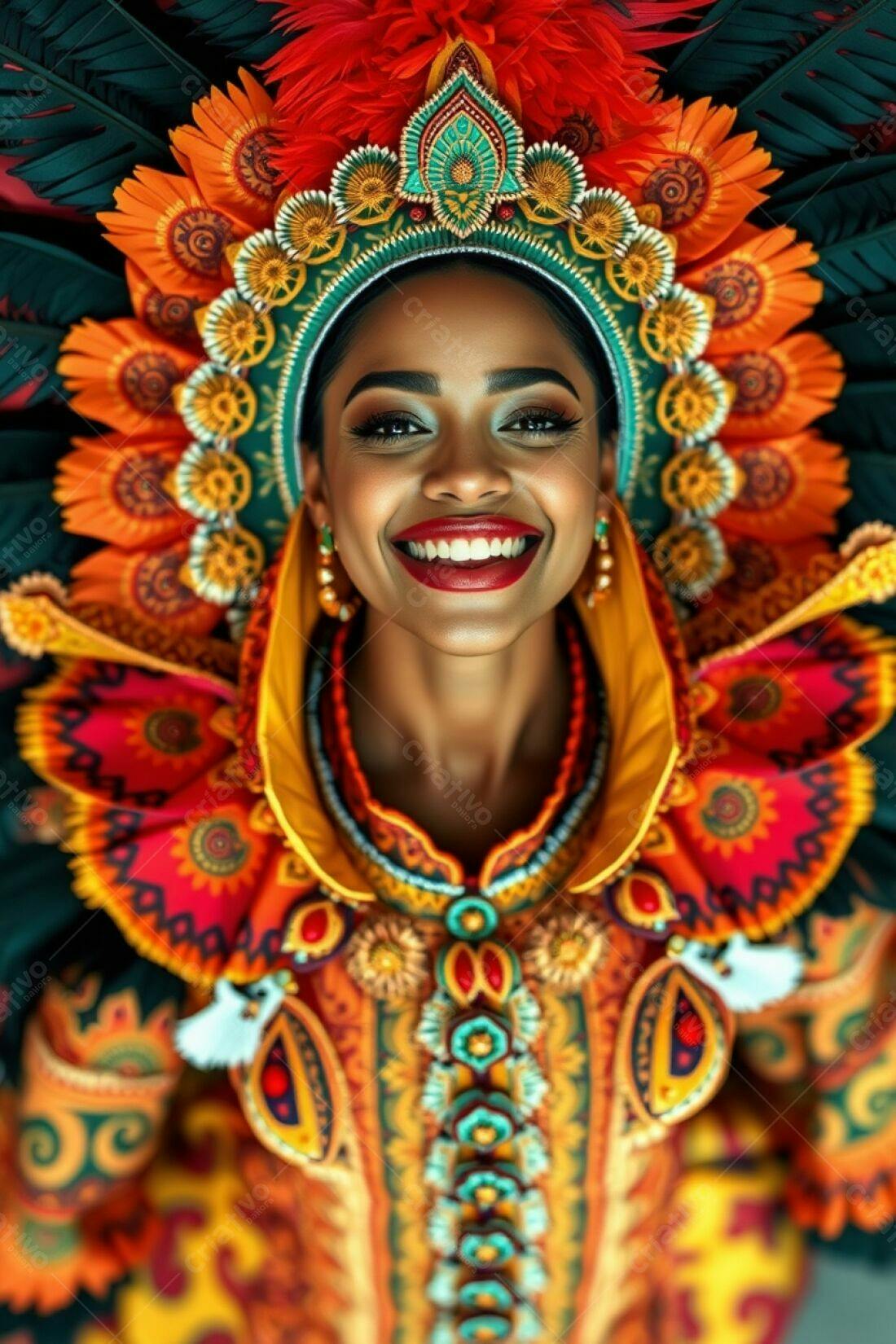 Modelo sorridente com fantasia vibrante