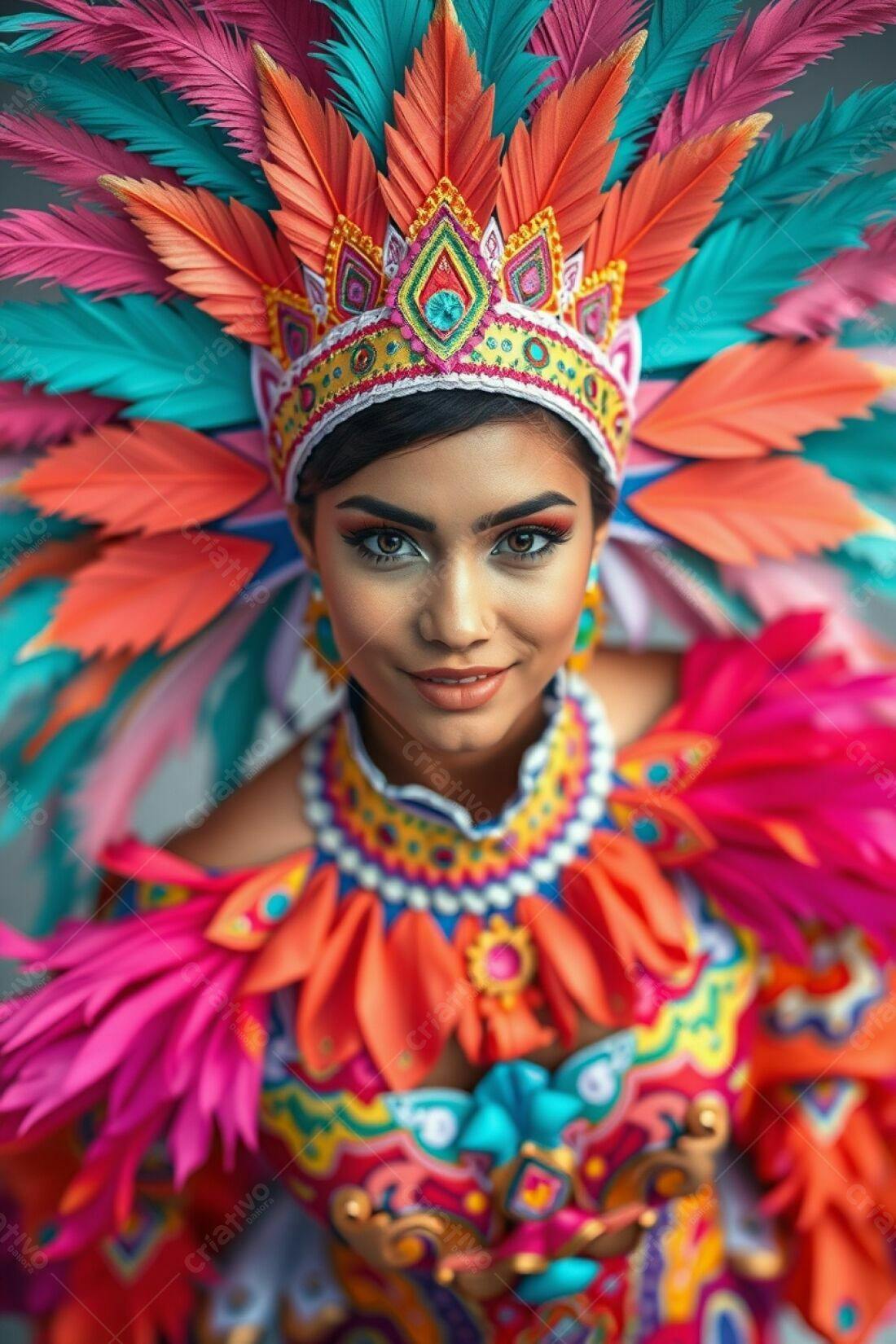 Mulher com fantasia colorida e penas