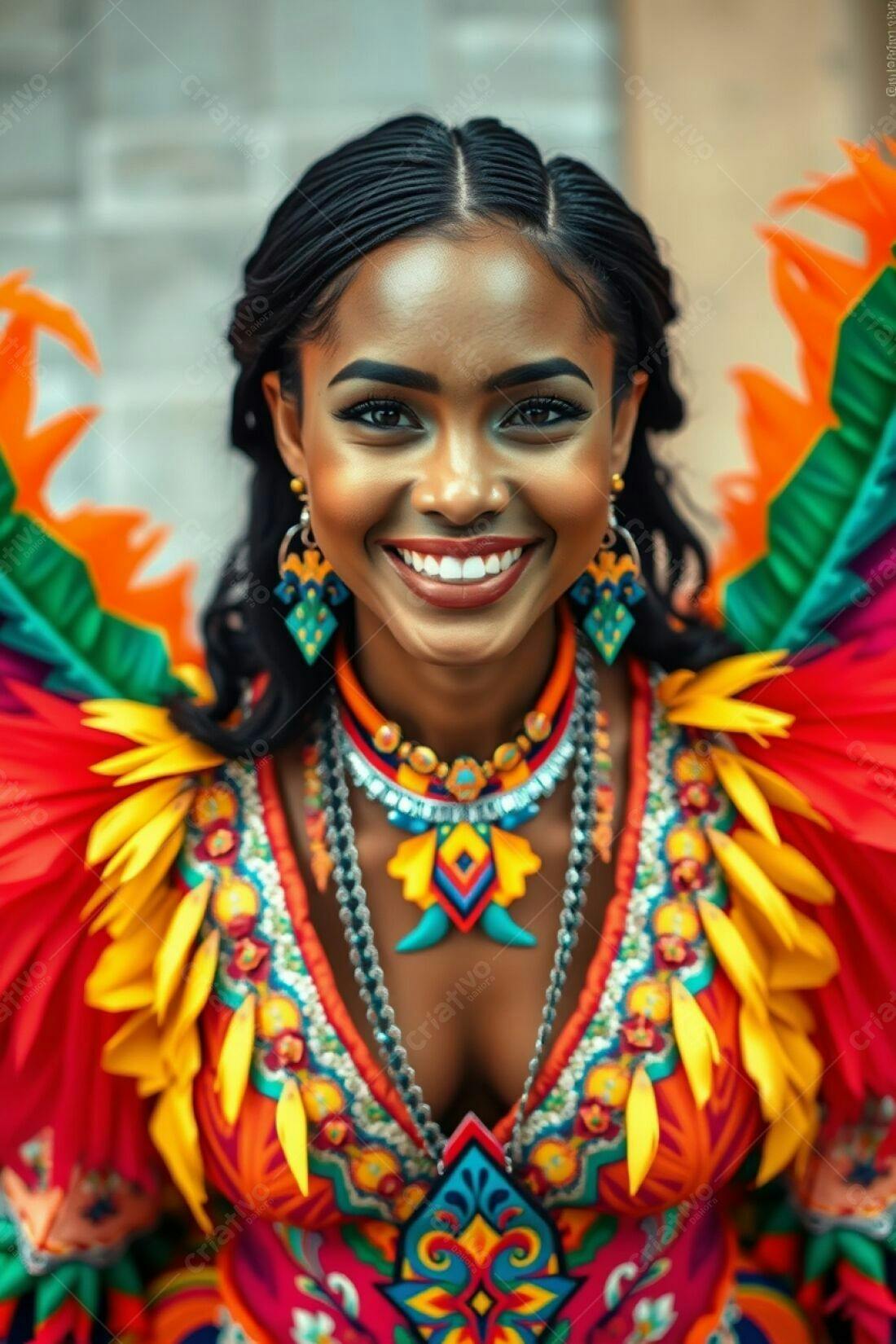 Mulher negra sorridente em traje vibrante