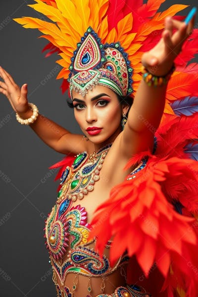 Mulher Linda Sambando Fantasiada De Carnaval Roupa Colorida