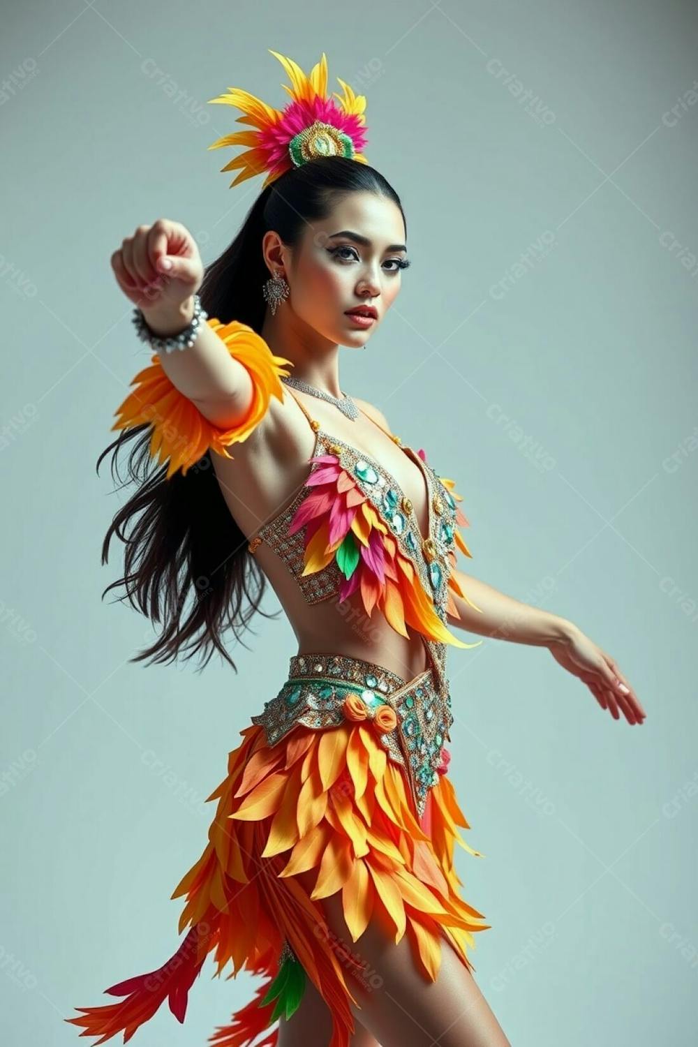 Mulher Linda Sambando Fantasiada De Carnaval Roupa Colorida
