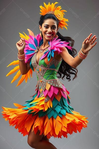 Mulher Linda Sambando Fantasiada De Carnaval Roupa Colorida