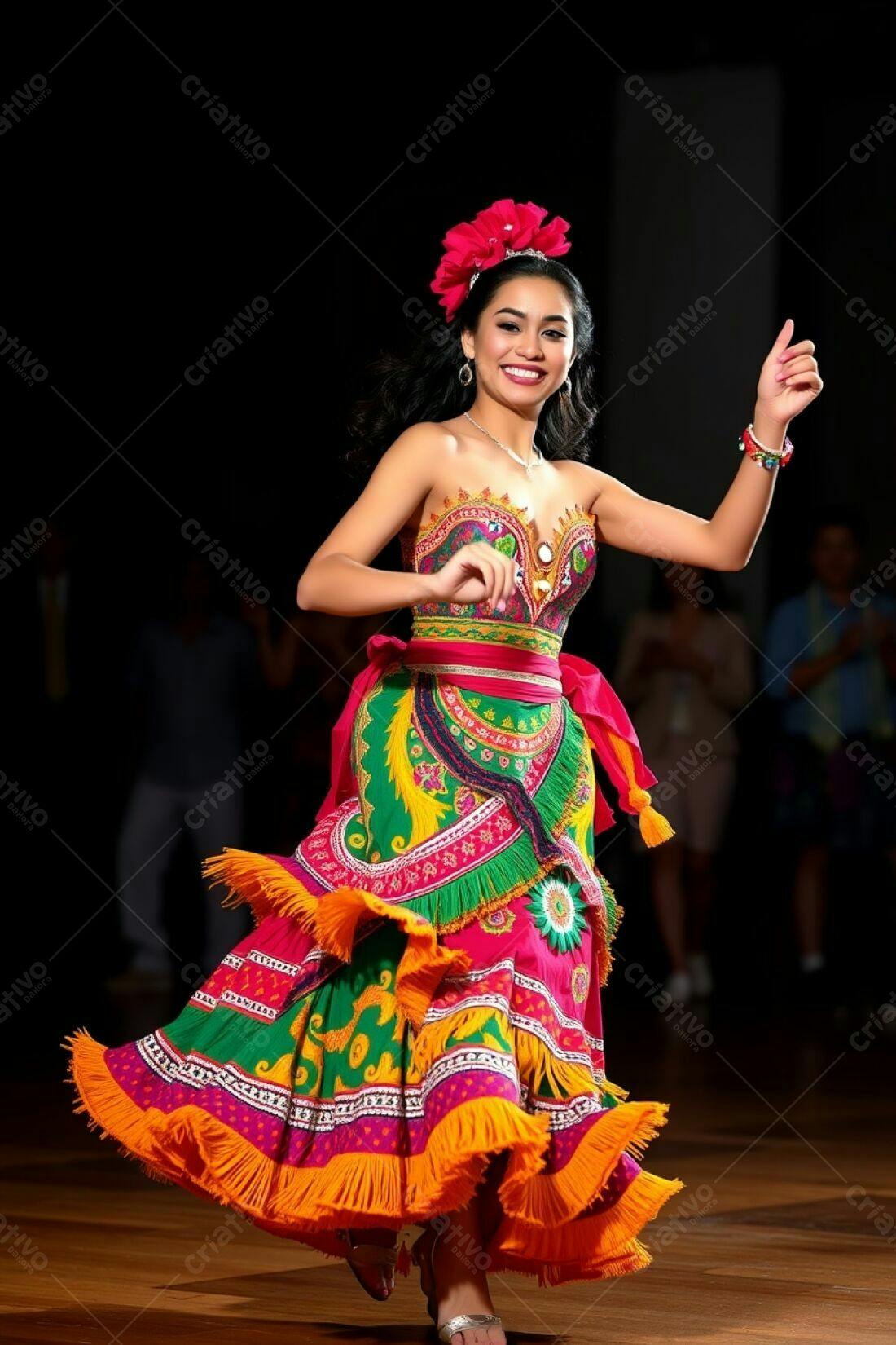 Bailarina em vestido colorido em palco escuro
