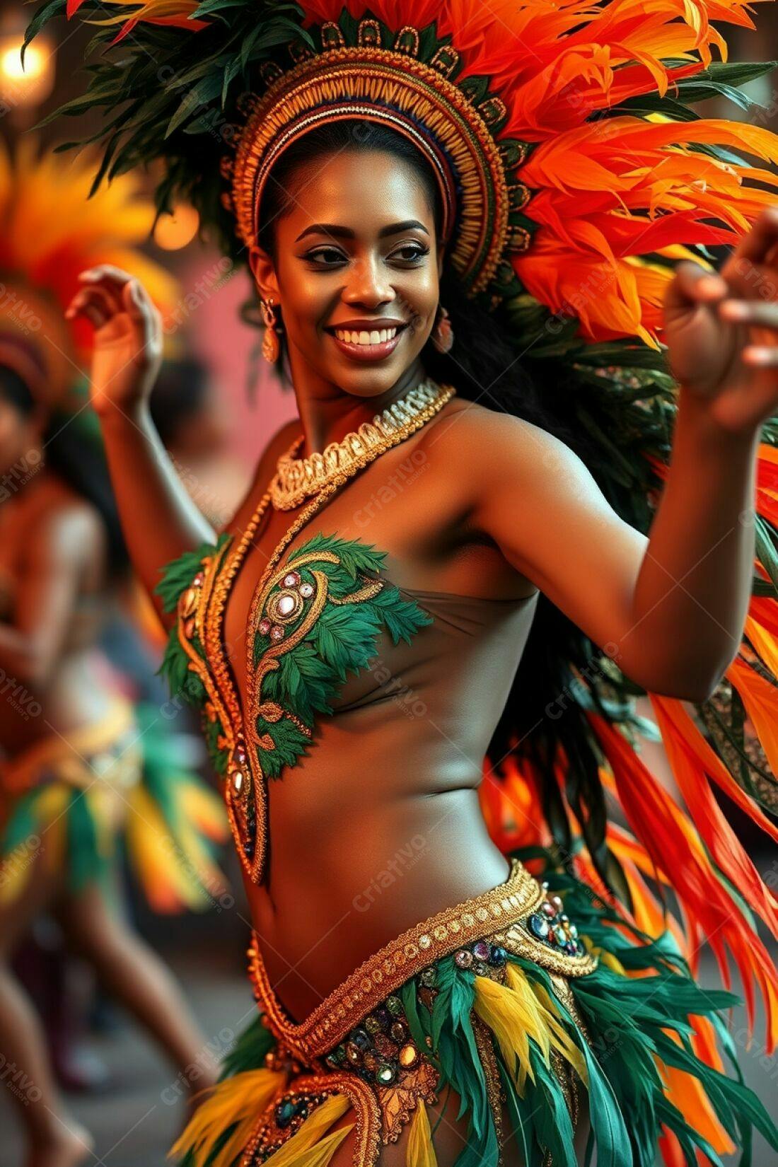 Bailarina negra em Carnaval com penas vibrantes