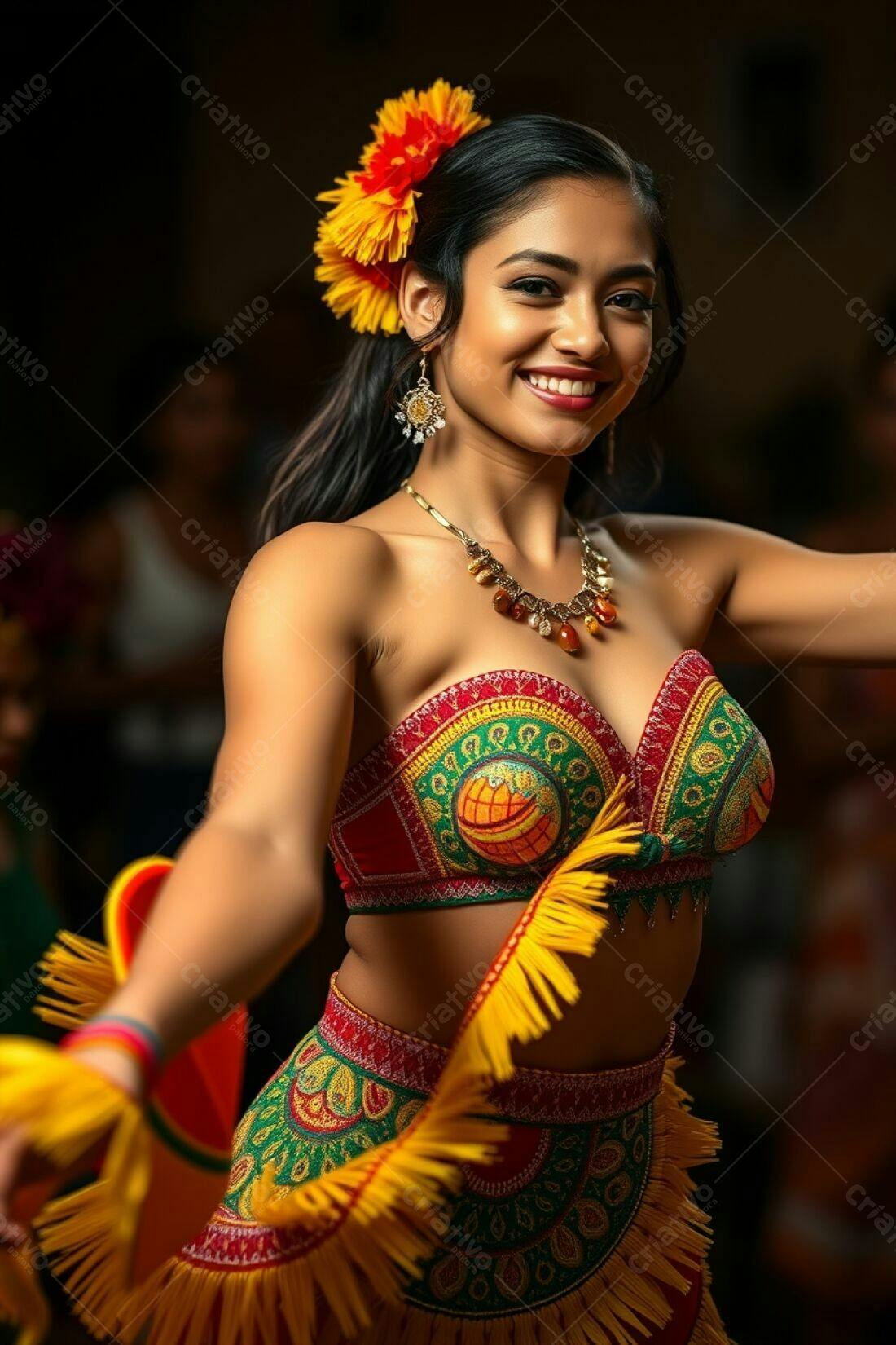 Bailarina sorridente em traje vermelho e verde