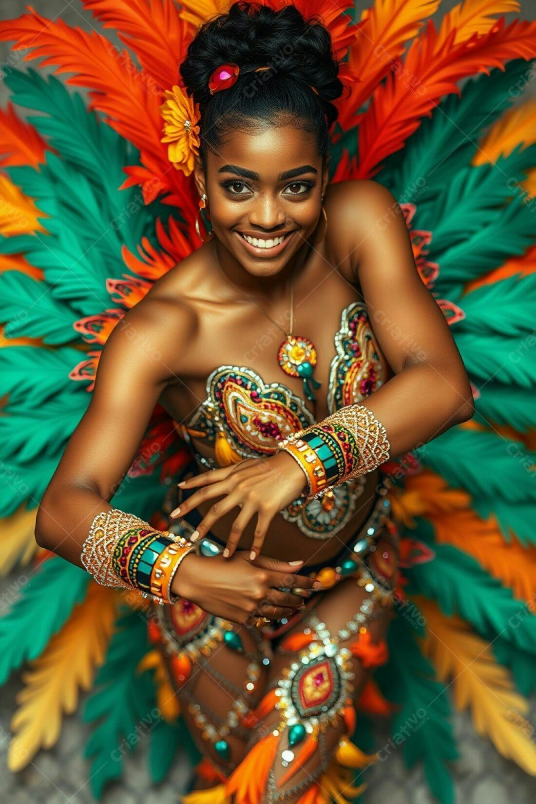 Bailarina negra em fantasia vibrante de carnaval