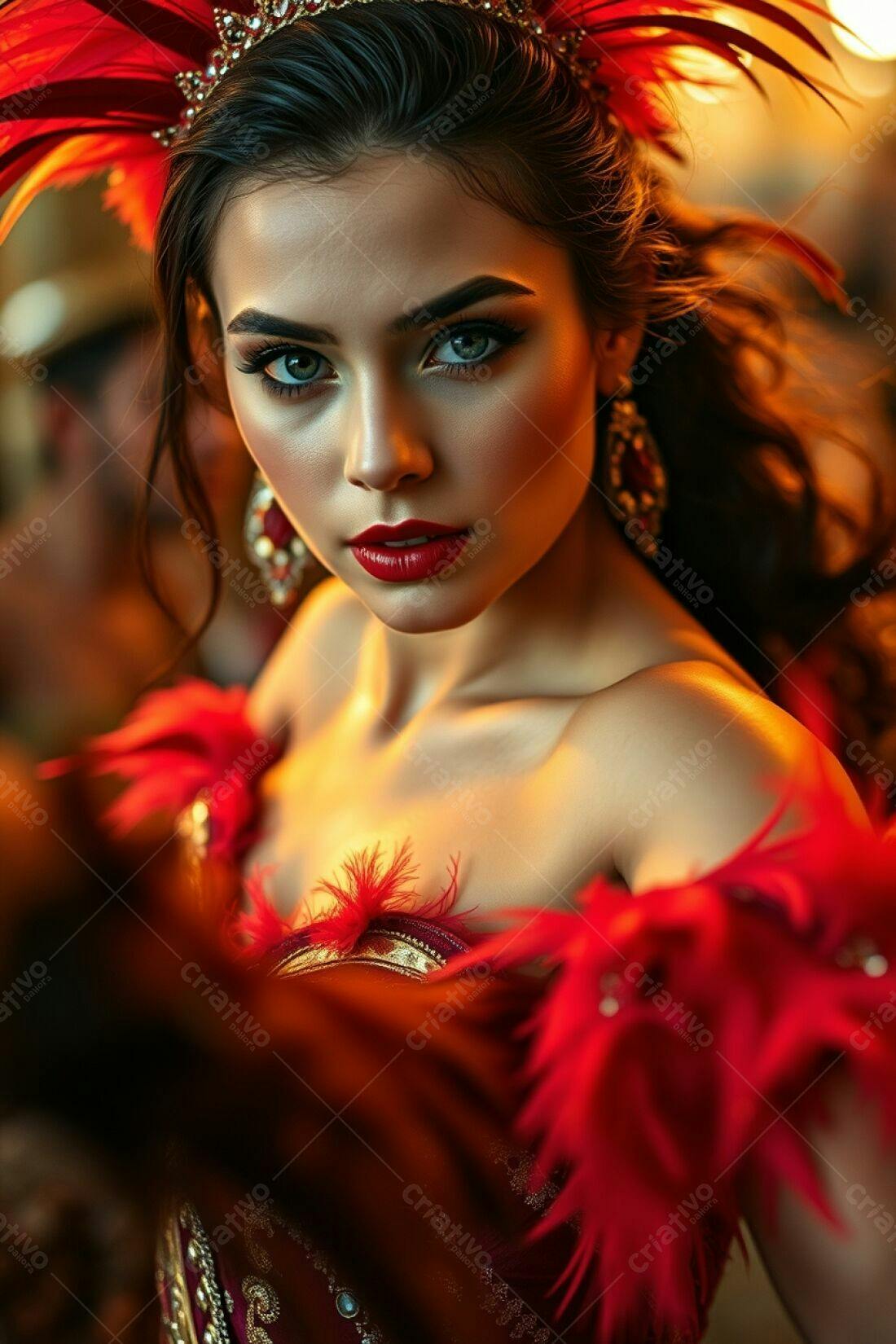 Modelo usando vestido vermelho com penas