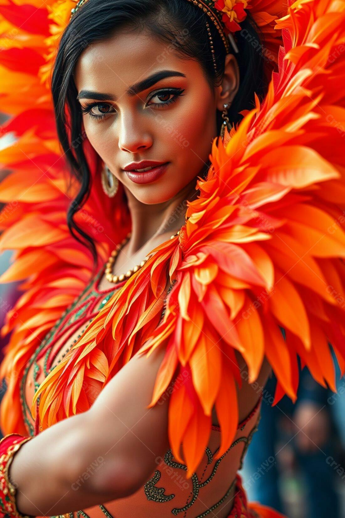 Modelo vestindo fantasia de penas laranja