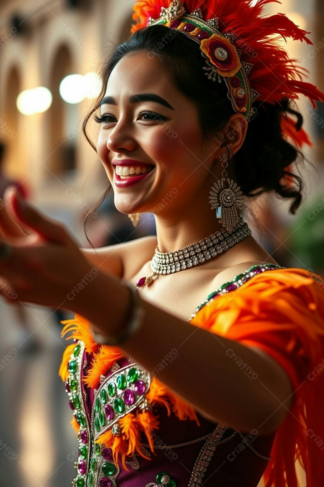 Bailarina sorridente com fantasia vibrante