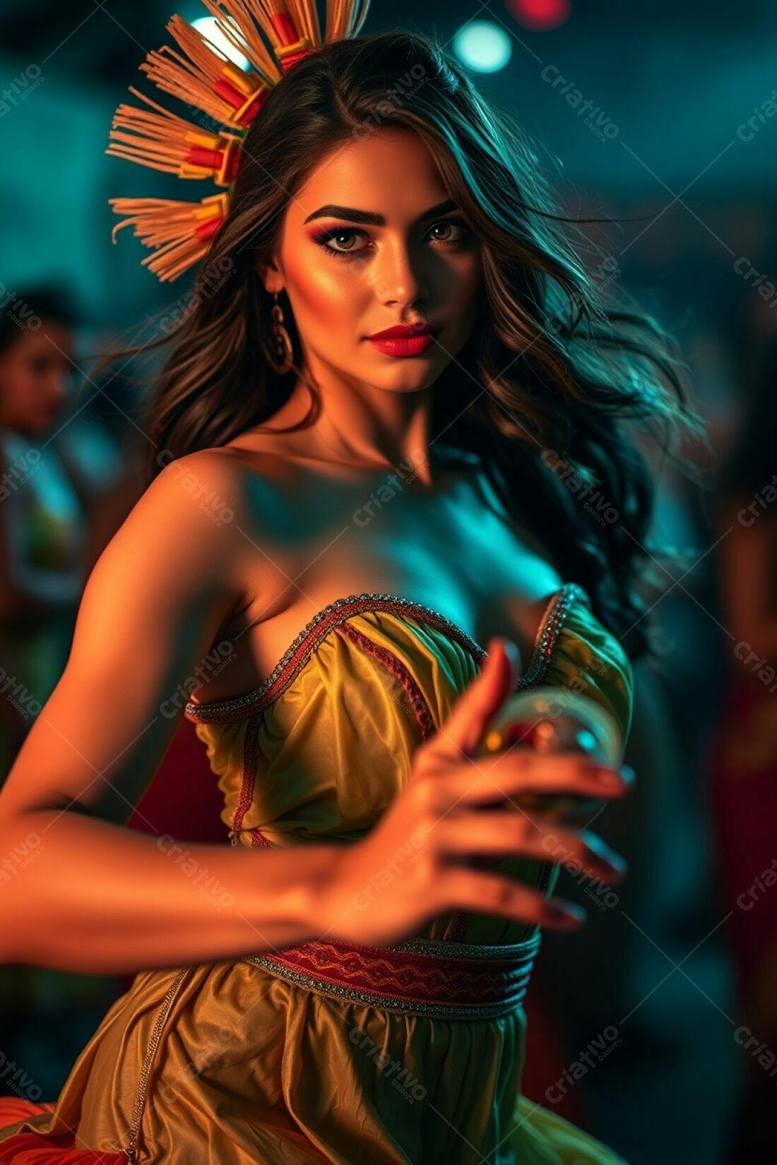 Modelo usando vestido dourado em evento noturno