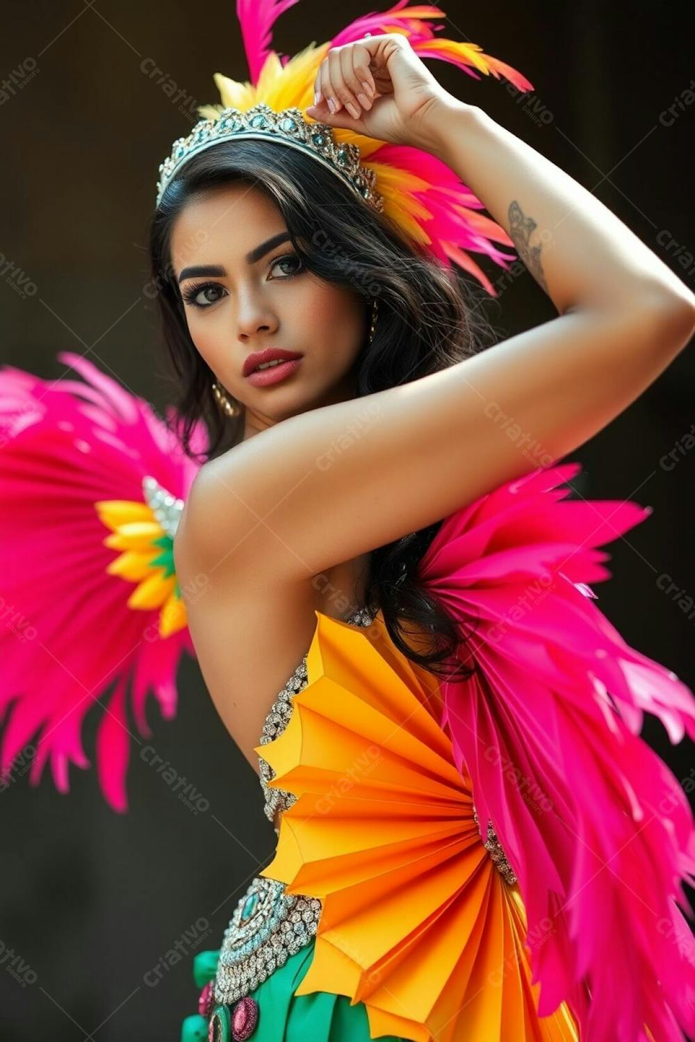 Mulher Linda Sambando Fantasiada De Carnaval Roupa Colorida