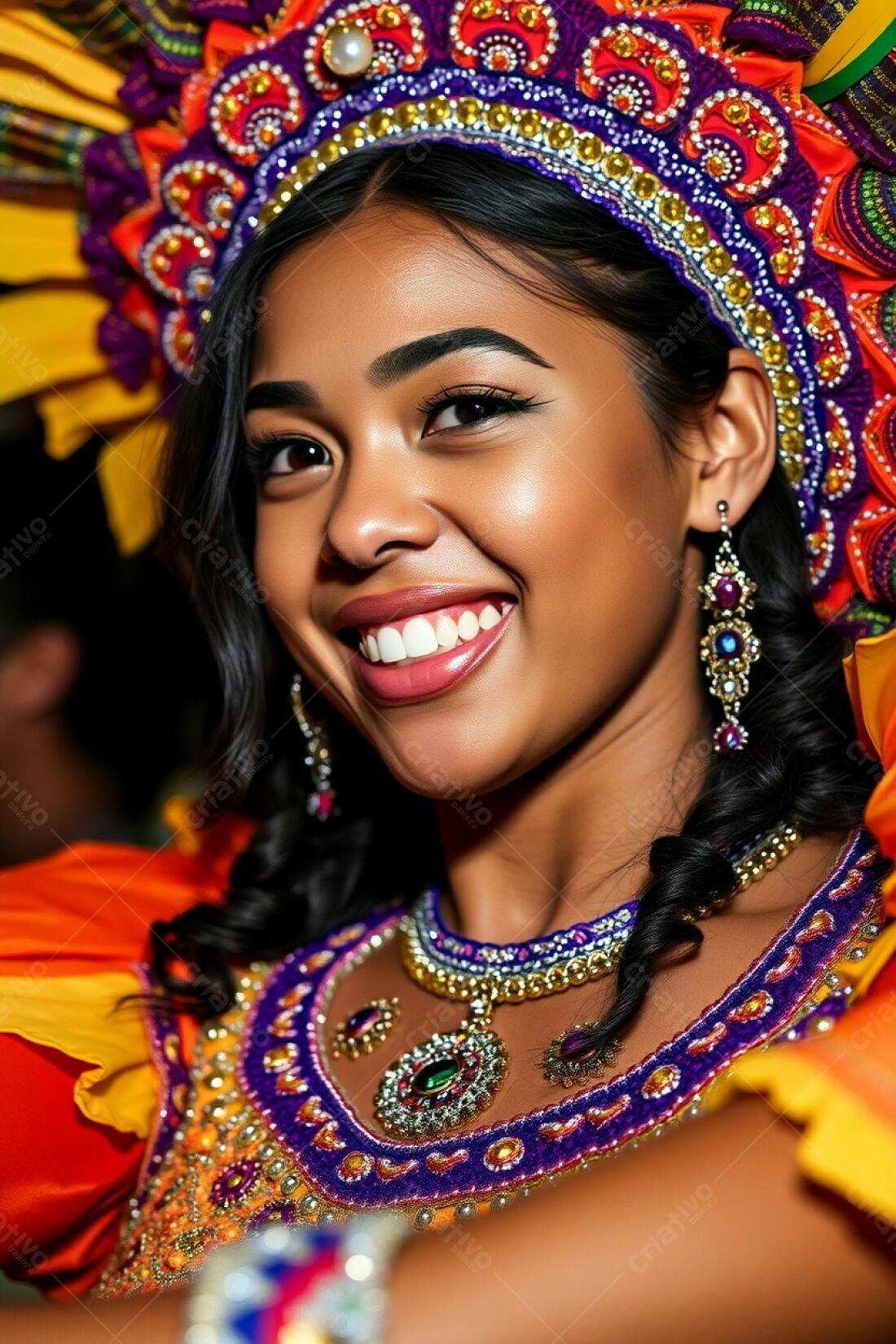 Mulher sorridente com fantasia vibrante