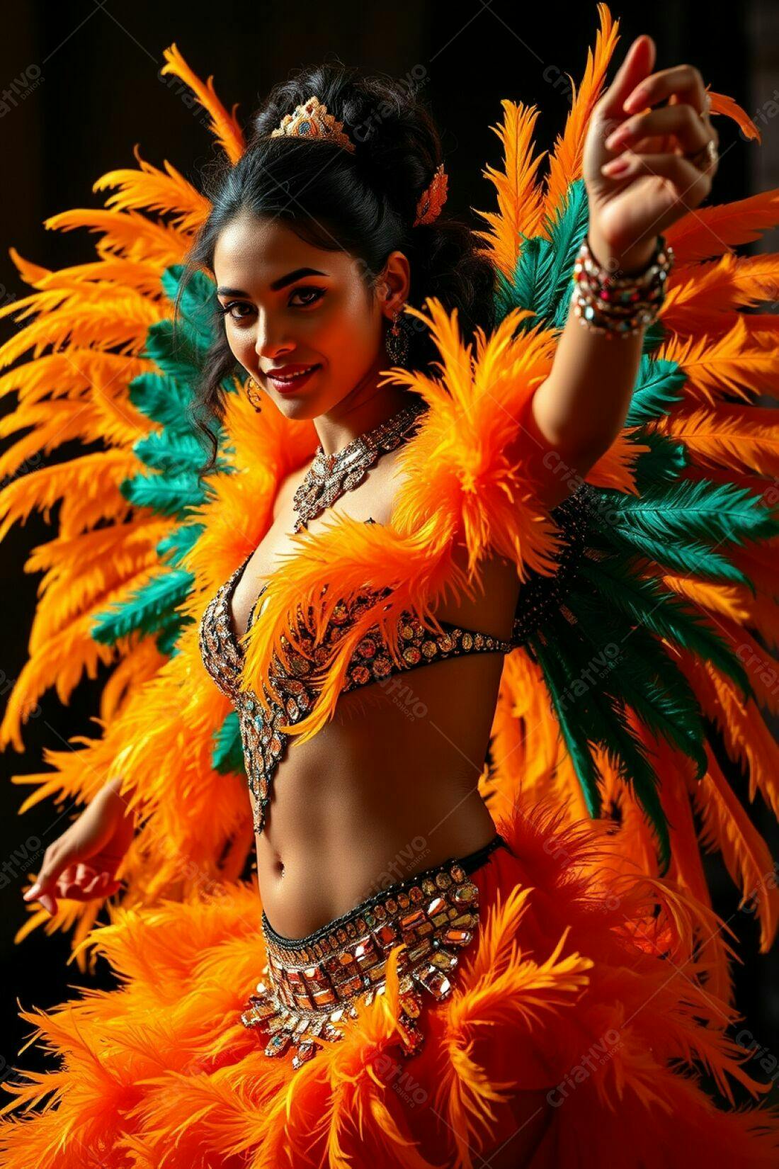 Bailarina de Carnaval em traje laranja e verde
