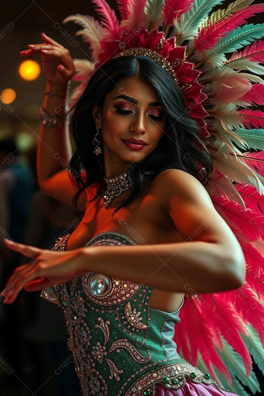 Bailarina com fantasia de penas rosa e verde