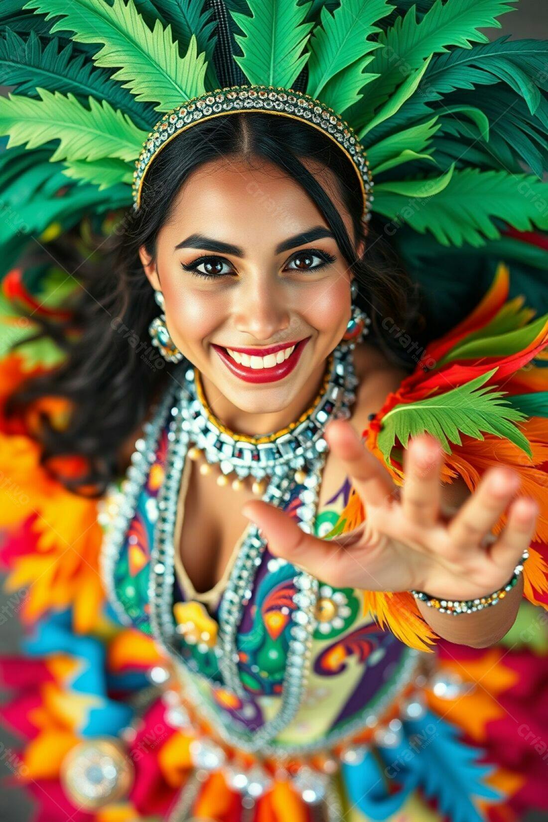 Bailarina com fantasia vibrante e sorriso radiante