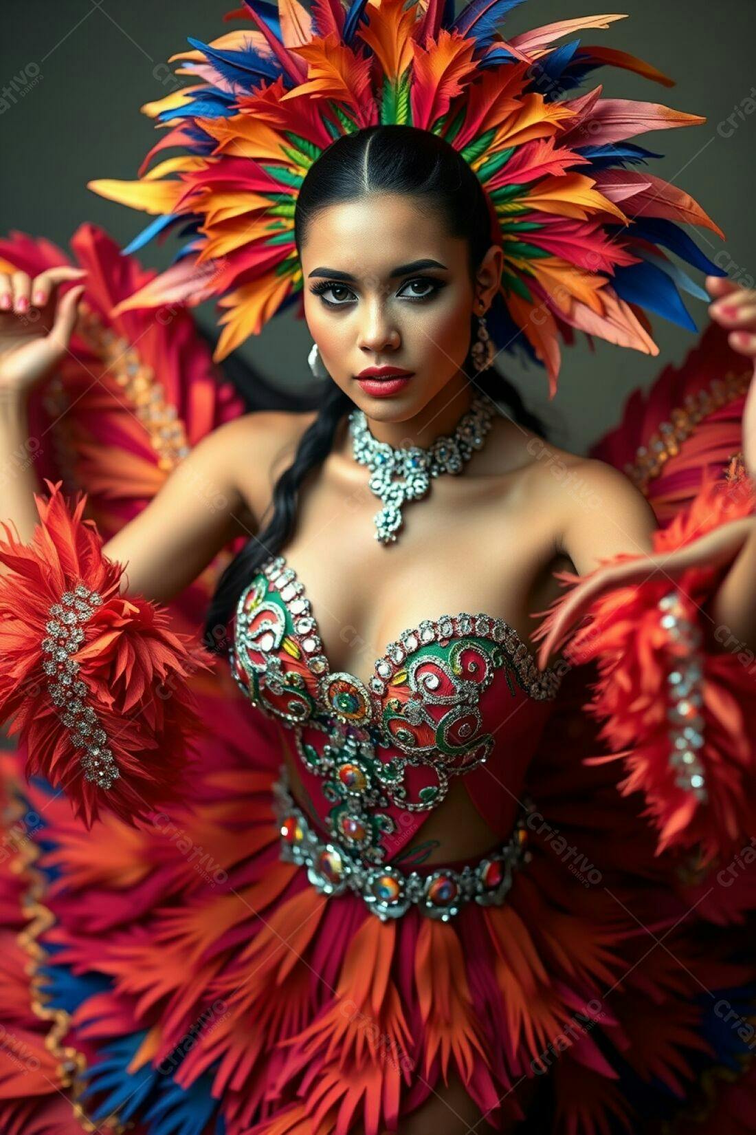 Modelo vestindo fantasia de Carnaval com penas vibrantes