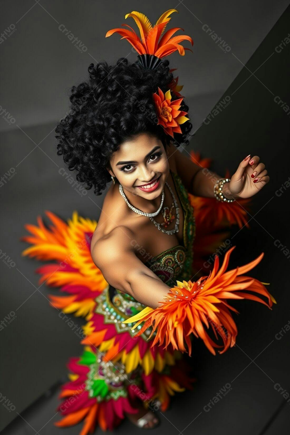 Dançarina com fantasia vibrante e penas