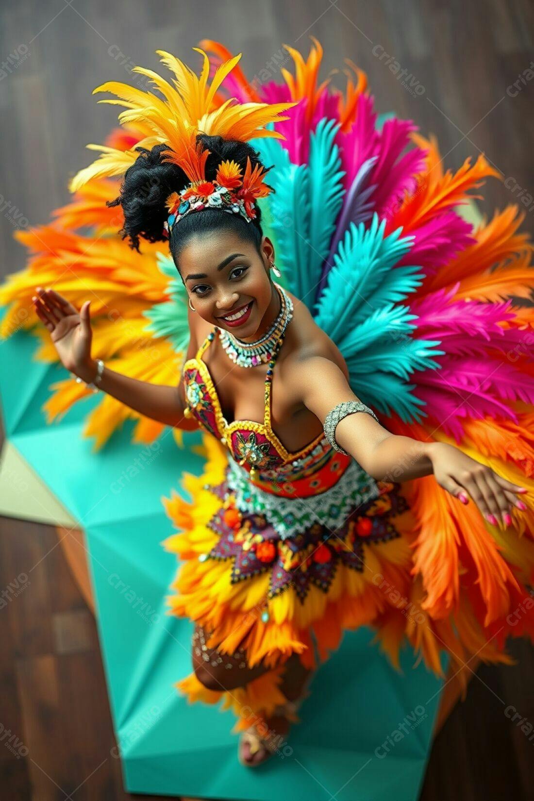 Bailarina em traje de penas vibrantes