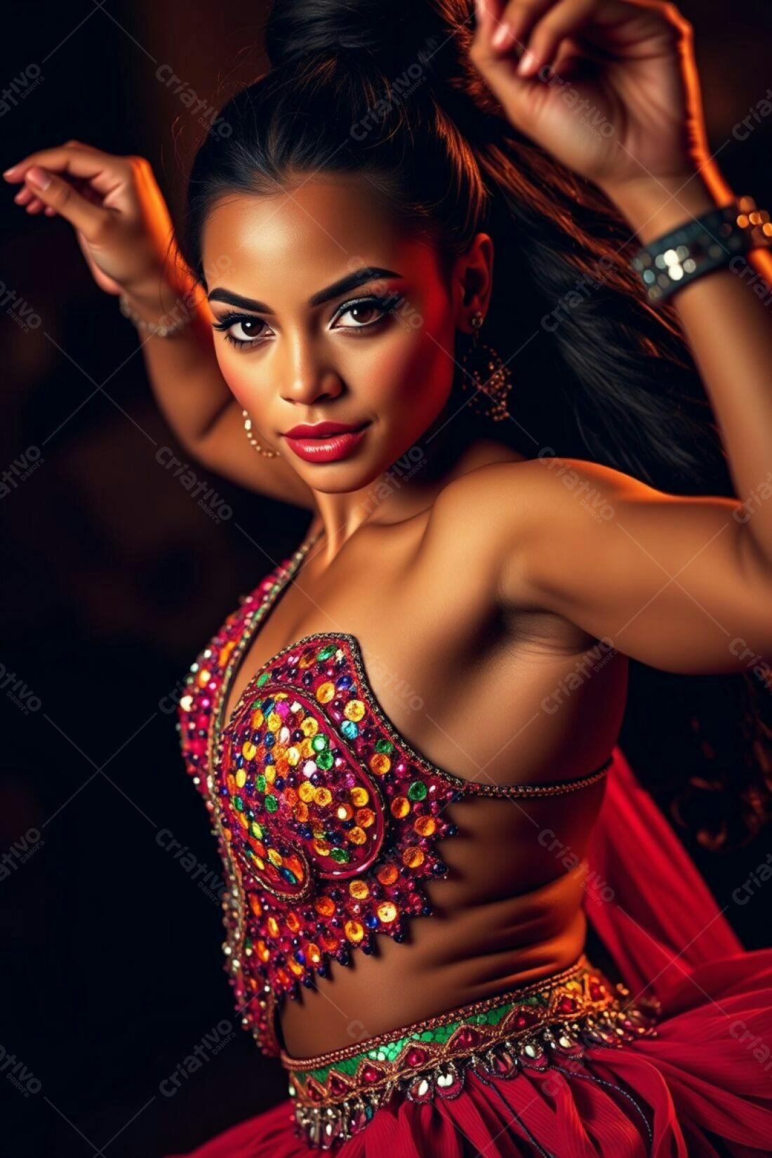 Bailarina indiana em traje vermelho e dourado