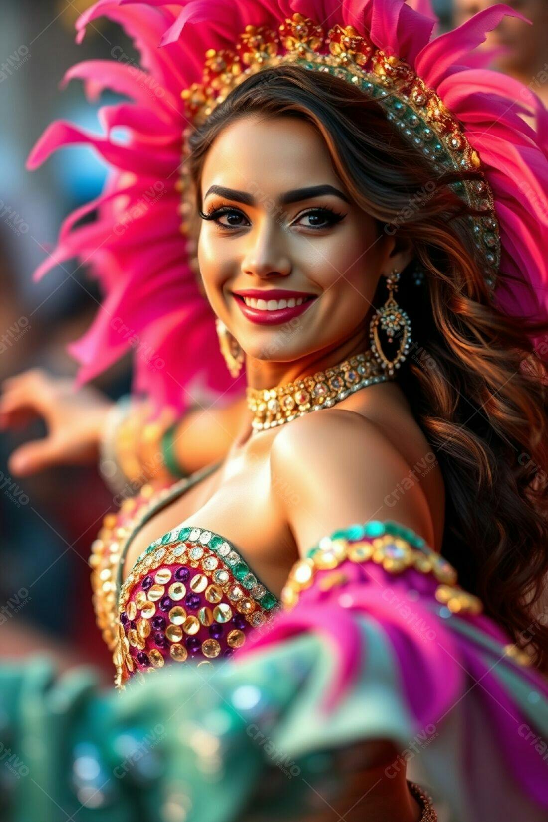Bailarina de Carnaval sorridente em fantasia rosa