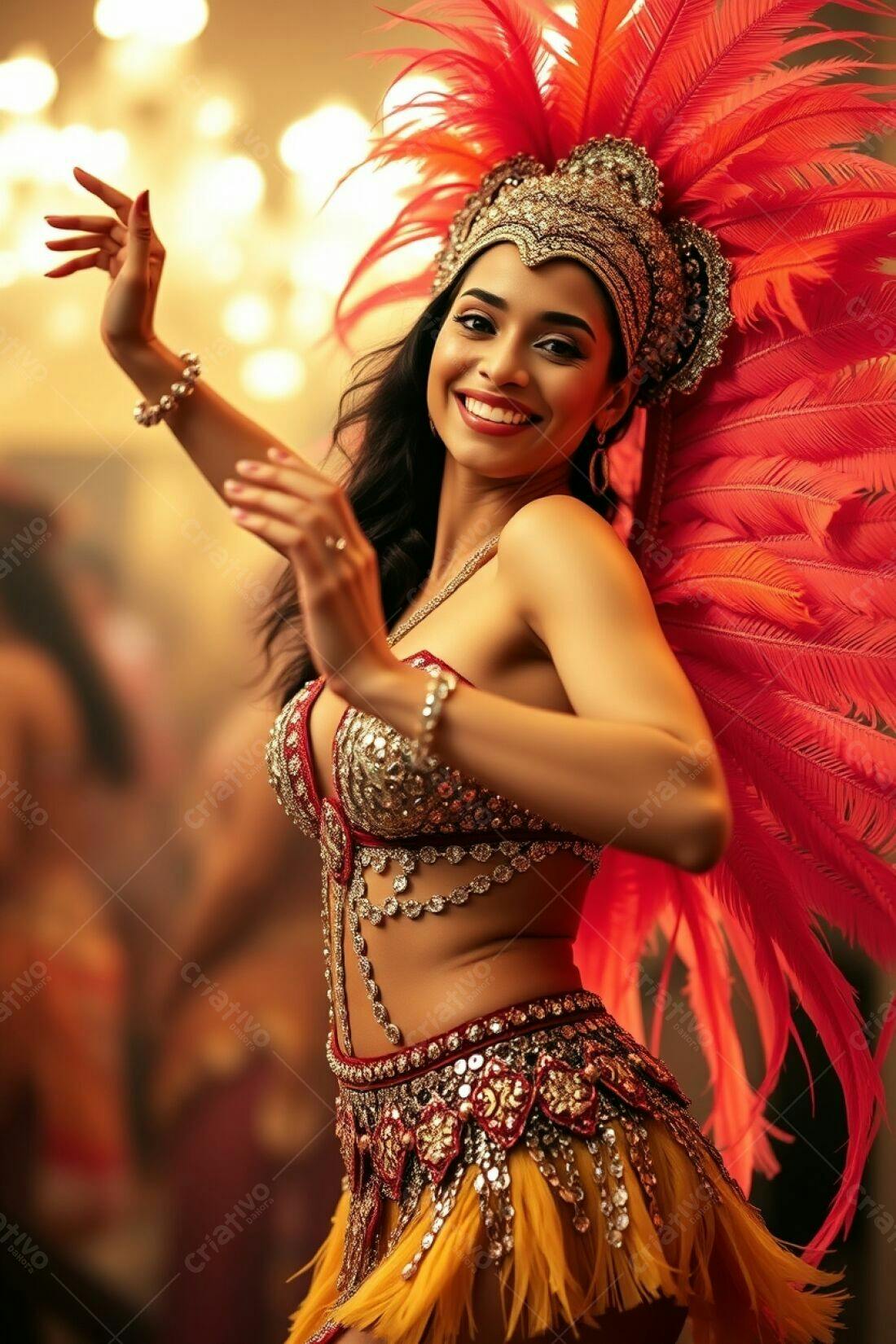 Bailarina de Carnaval com fantasia vermelha e dourada