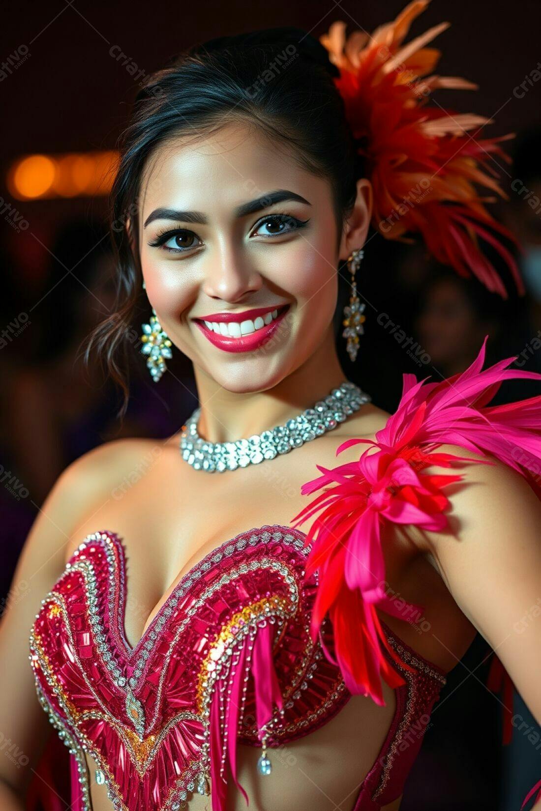 Bailarina sorridente em traje vermelho e penas