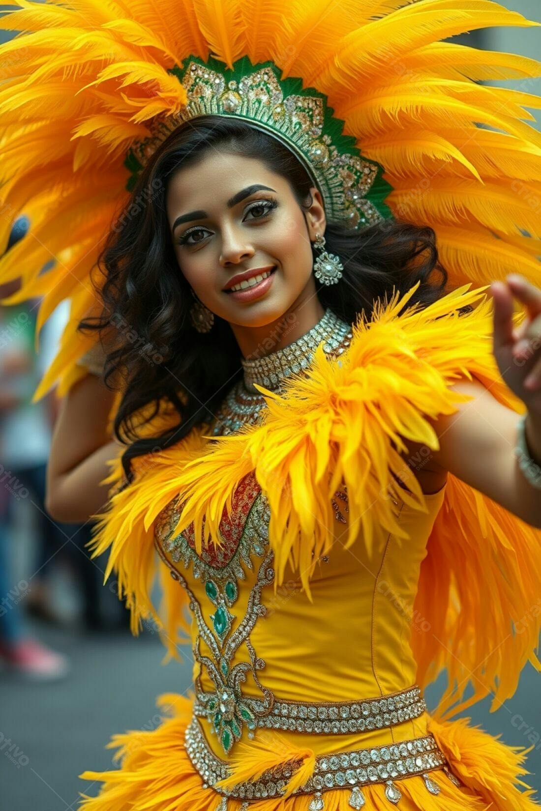 Modelo em fantasia amarela de Carnaval