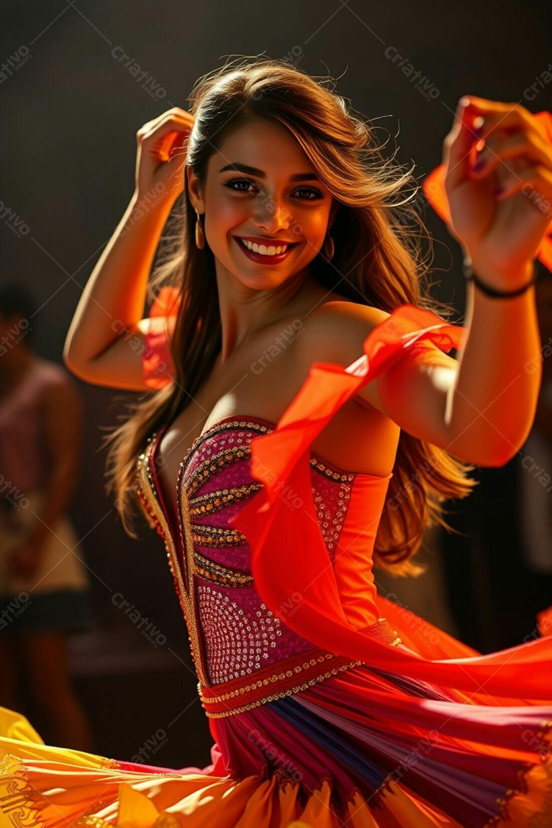 Bailarina em vestido vermelho e laranja sorrindo
