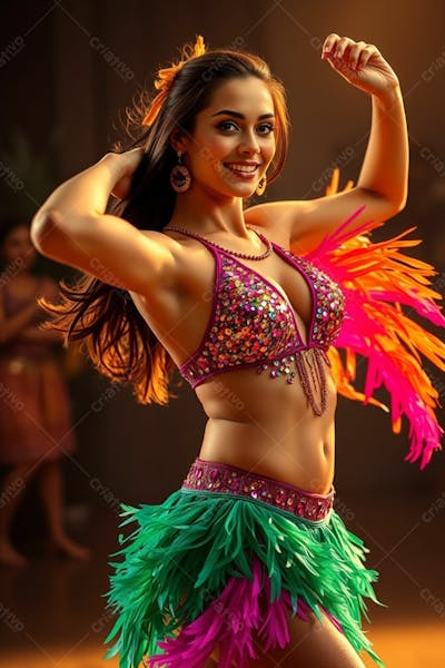 Mulher Linda Sambando Fantasiada De Carnaval Roupa Colorida