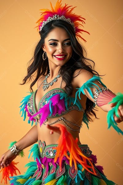 Mulher Linda Sambando Fantasiada De Carnaval Roupa Colorida