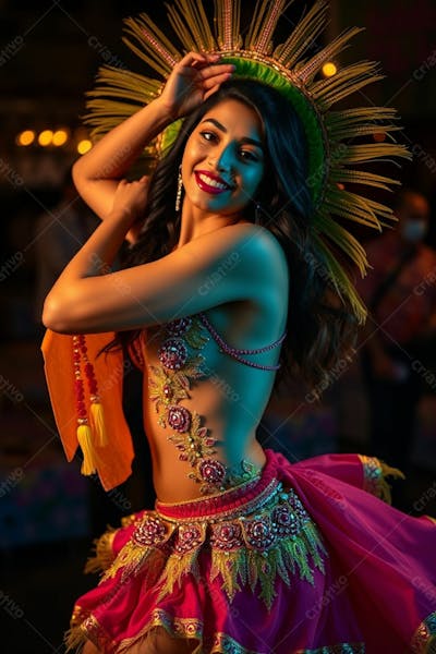 Mulher Linda Sambando Fantasiada De Carnaval Roupa Colorida