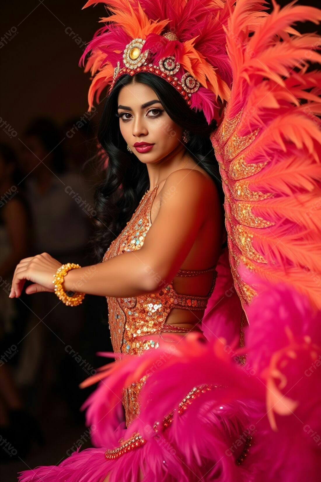 Modelo usando fantasia de carnaval rosa e laranja