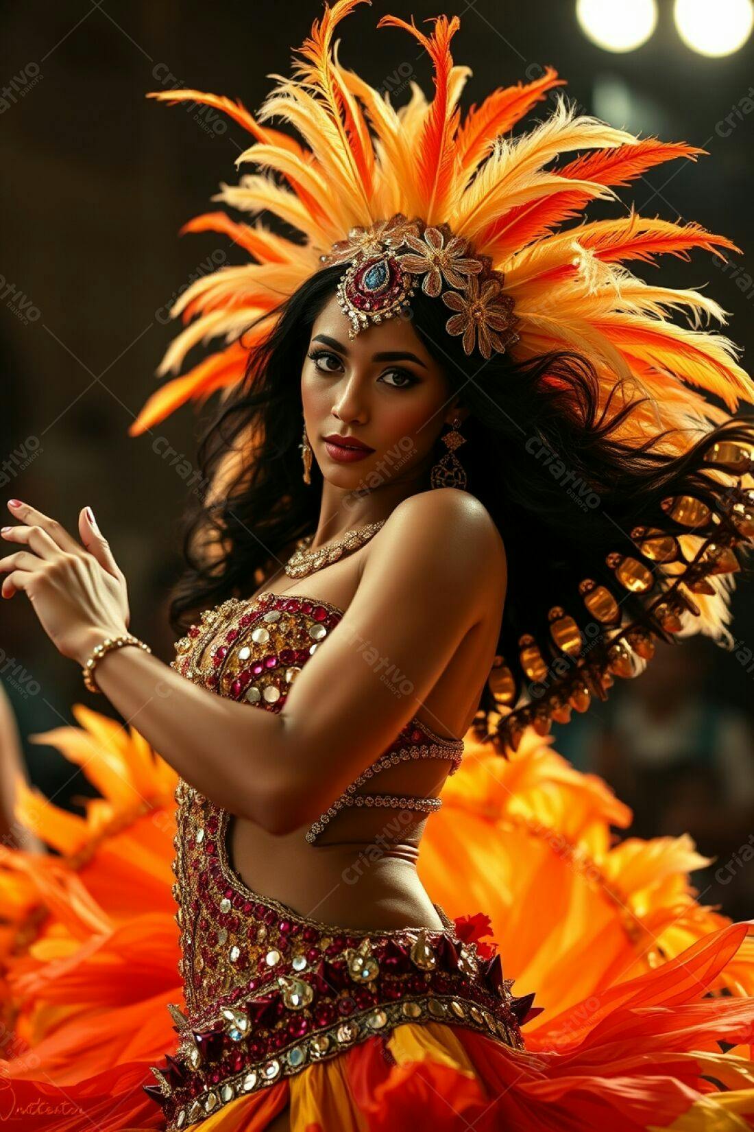 Bailarina com fantasia laranja e dourada