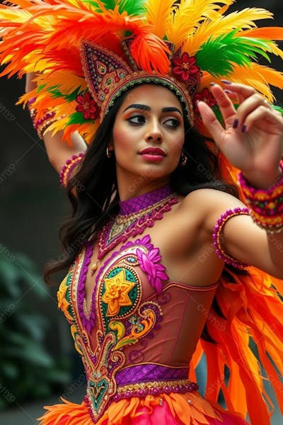Mulher Linda Sambando Fantasiada De Carnaval Roupa Colorida