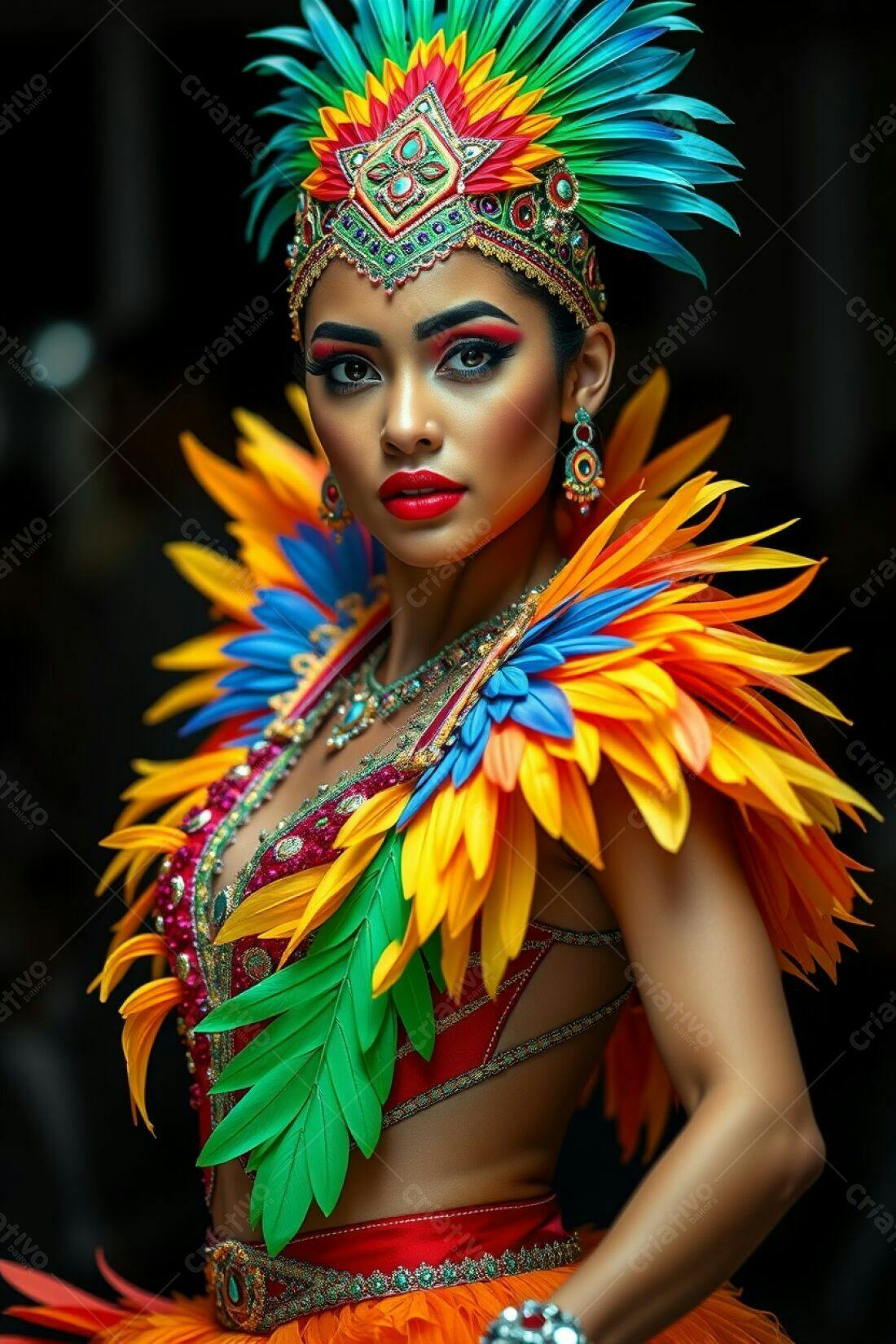 Modelo com fantasia de Carnaval cores vibrantes