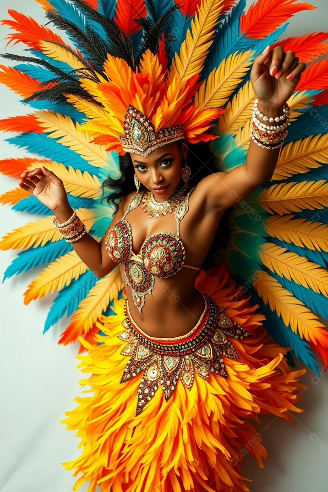 Bailarina em fantasia de Carnaval com penas vibrantes