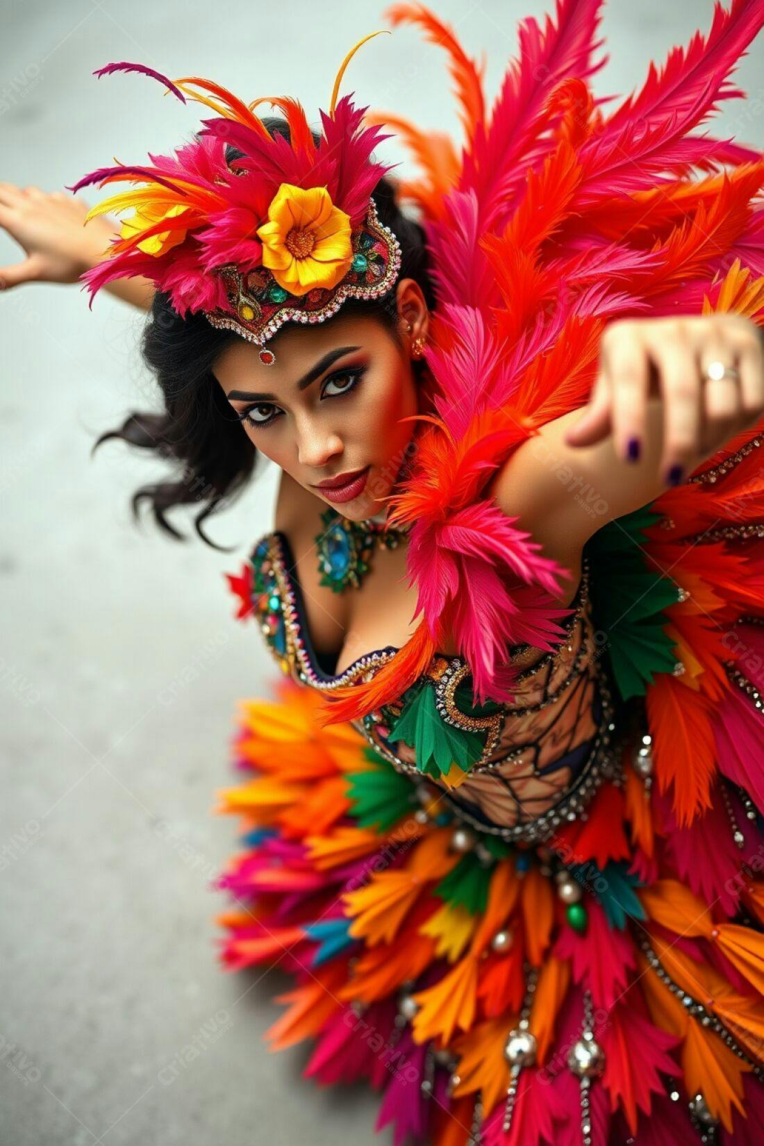 Bailarina com fantasia de penas vibrantes