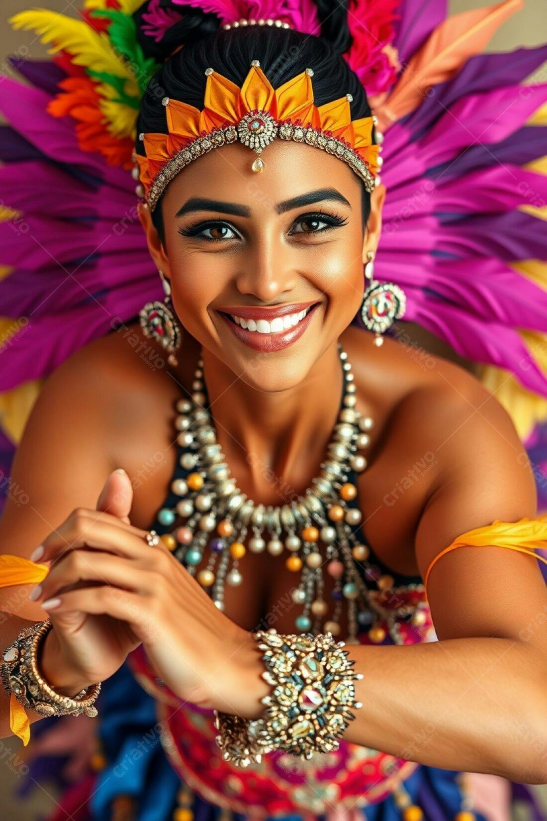 Modelo sorridente com fantasia vibrante