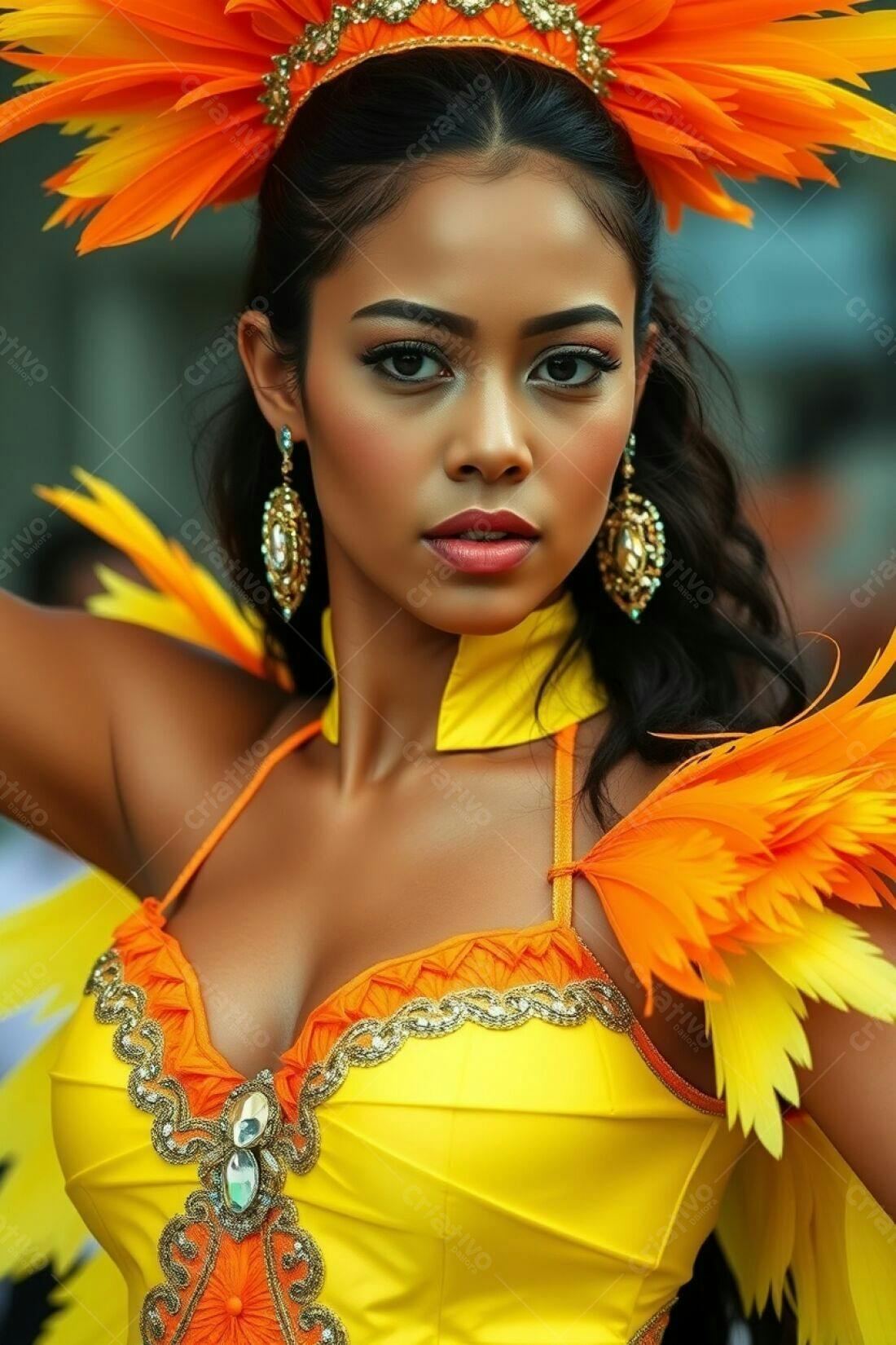 Modelo usando fantasia amarela e laranja em desfile