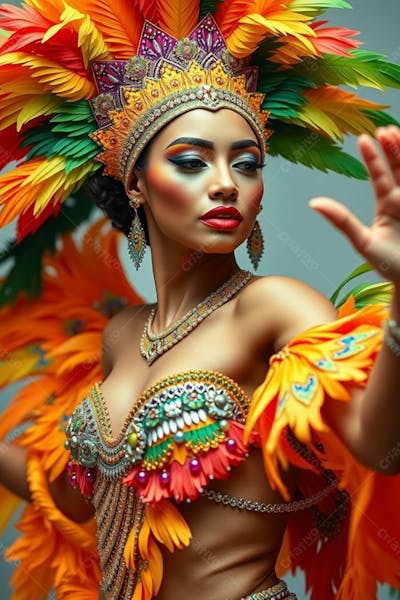 Mulher Linda Sambando Fantasiada De Carnaval Roupa Colorida