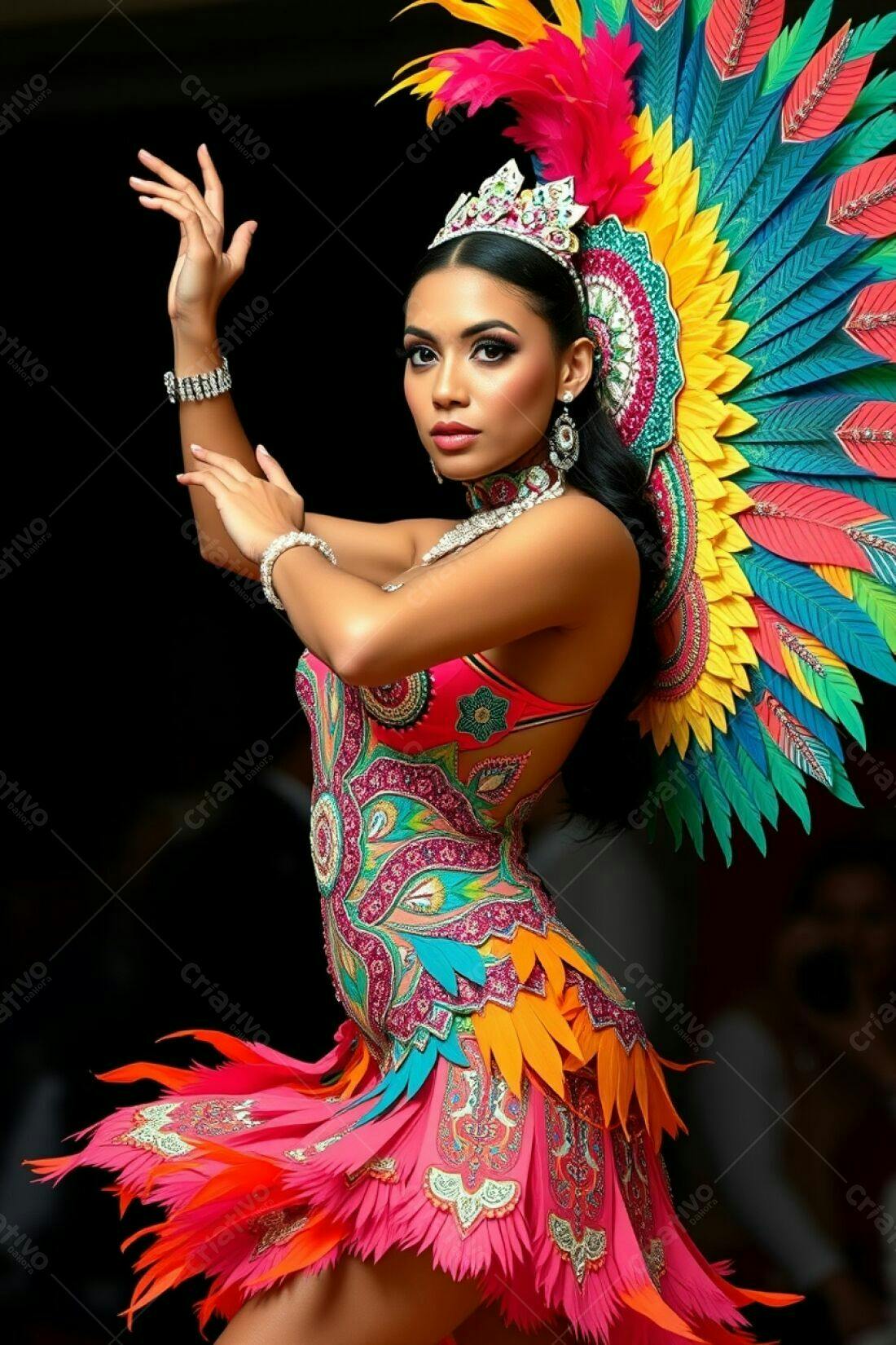 Modelo com fantasia colorida e penas