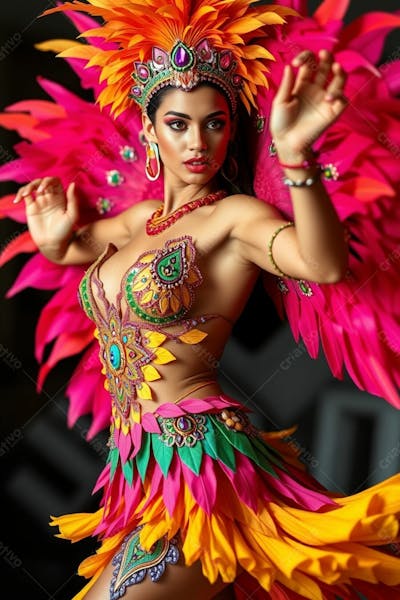 Mulher Linda Sambando Fantasiada De Carnaval Roupa Colorida