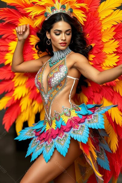 Mulher Linda Sambando Fantasiada De Carnaval Roupa Colorida