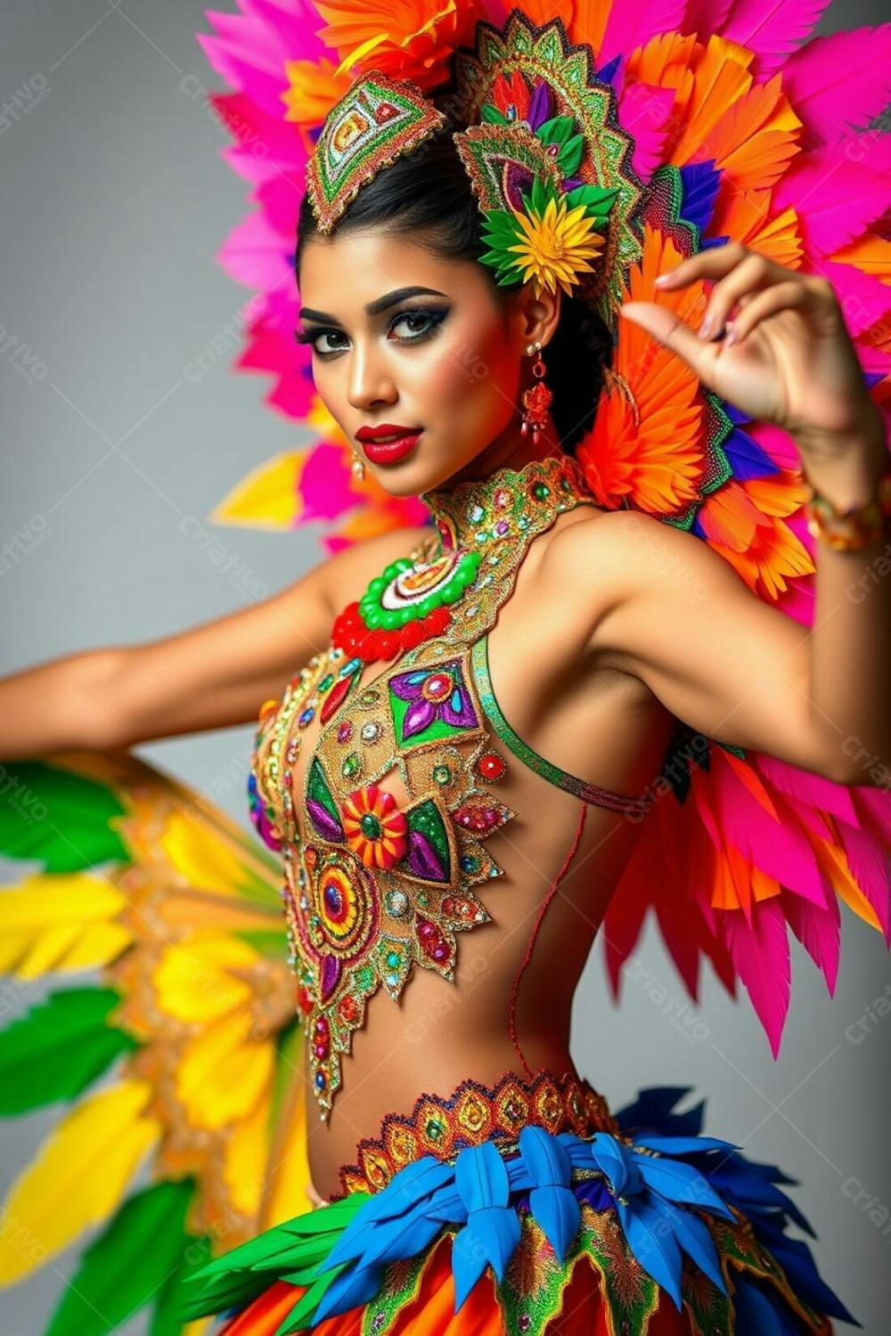 Mulher Linda Sambando Fantasiada De Carnaval Roupa Colorida