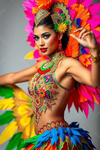 Mulher Linda Sambando Fantasiada De Carnaval Roupa Colorida