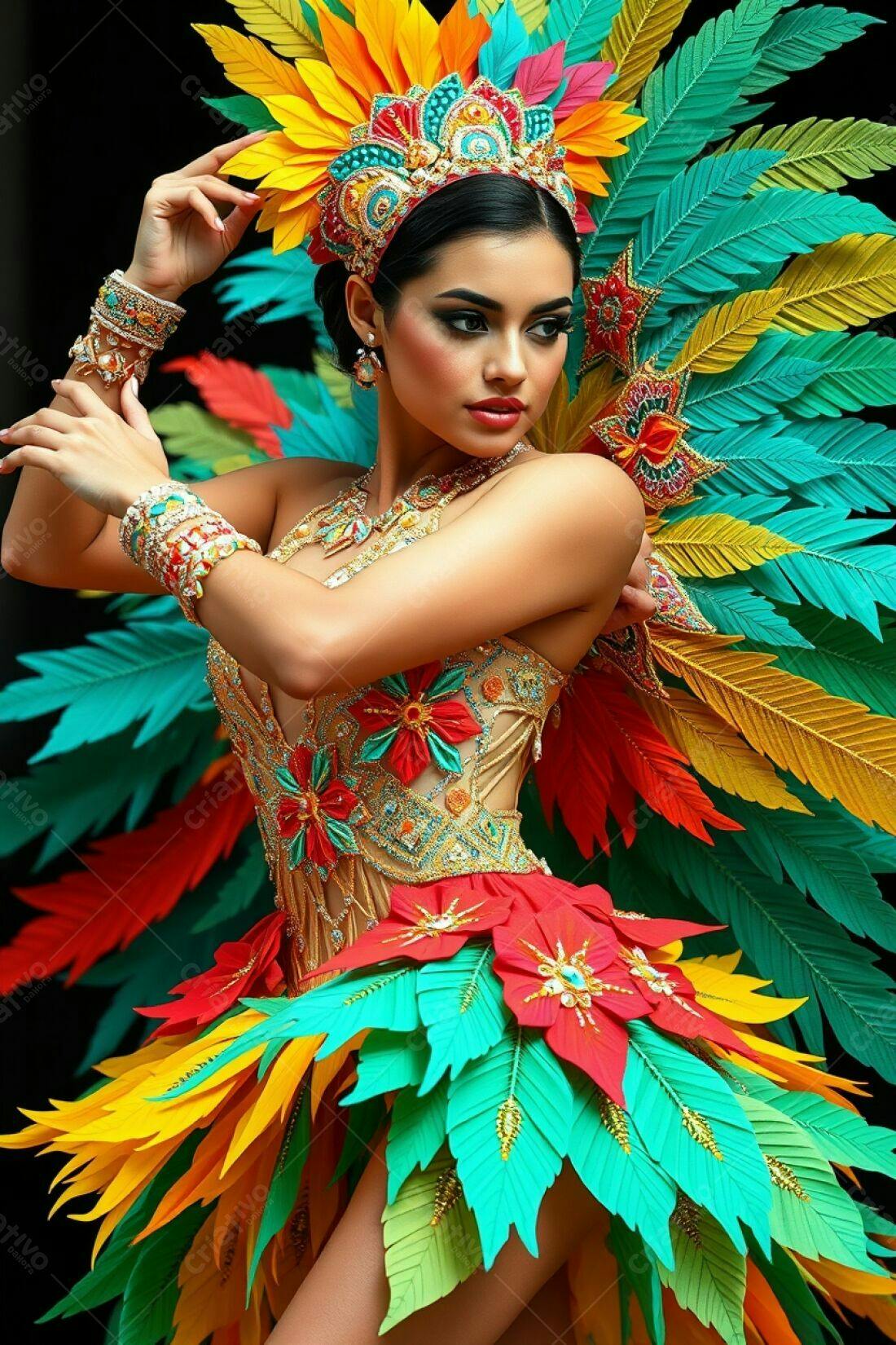 Modelo com fantasia de carnaval colorida