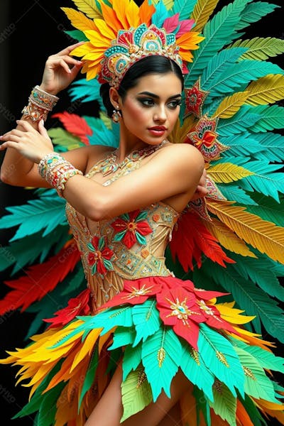 Mulher Linda Sambando Fantasiada De Carnaval Roupa Colorida